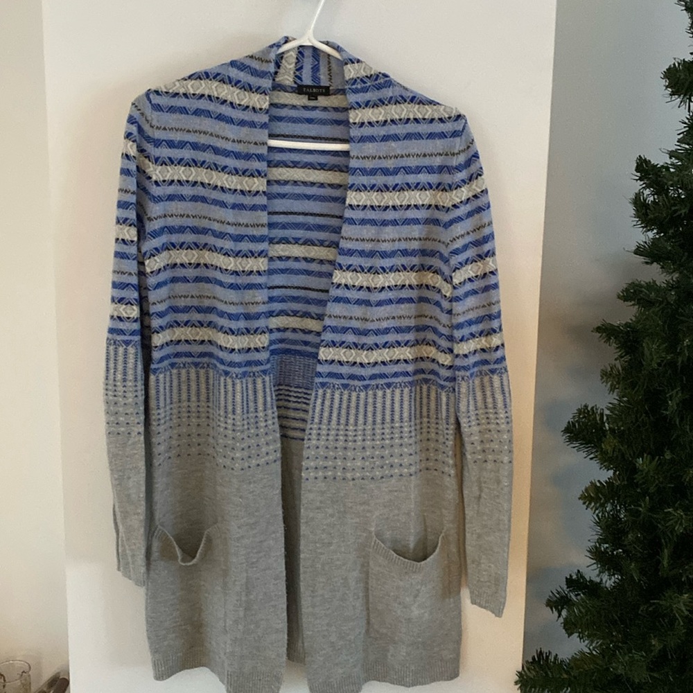 TALBOTS blue grey gray wool blend cardigan sweater lambswool  S fairiske
